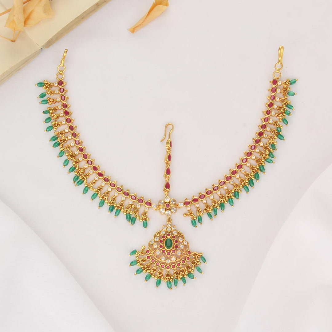 Pure 92.5 Silver, 24kt Gold Plated Dhashikha Stone Maangtikka | SHOBITAM