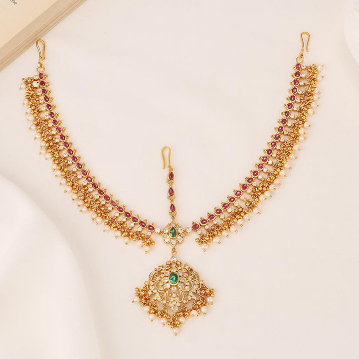Pure 92.5 Silver, 24kt Gold Plated Dheekshikha Stone Maangtikka | SHOBITAM