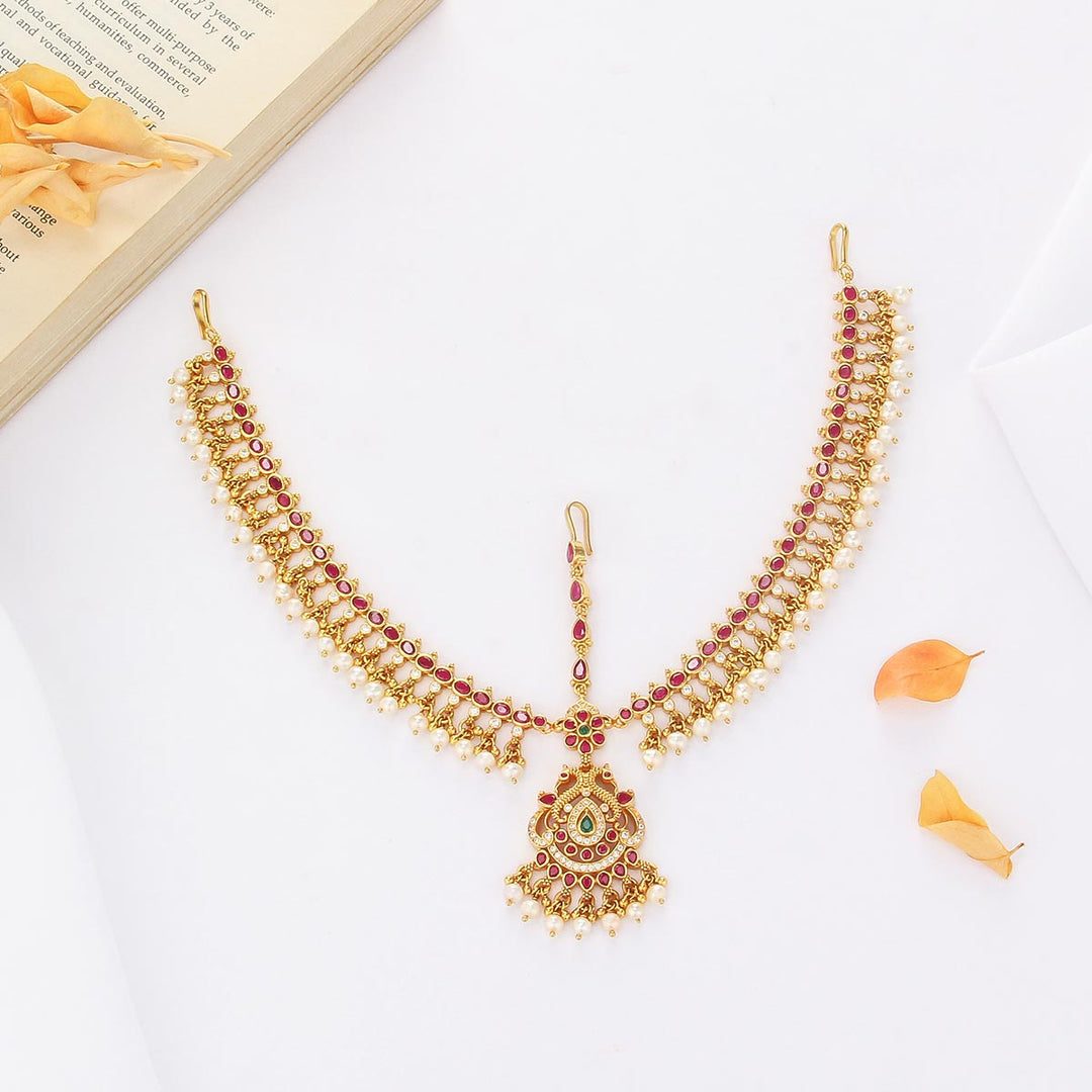 Pure 92.5 Silver, 24kt Gold Plated Rishika Stone Maangtikka | SHOBITAM