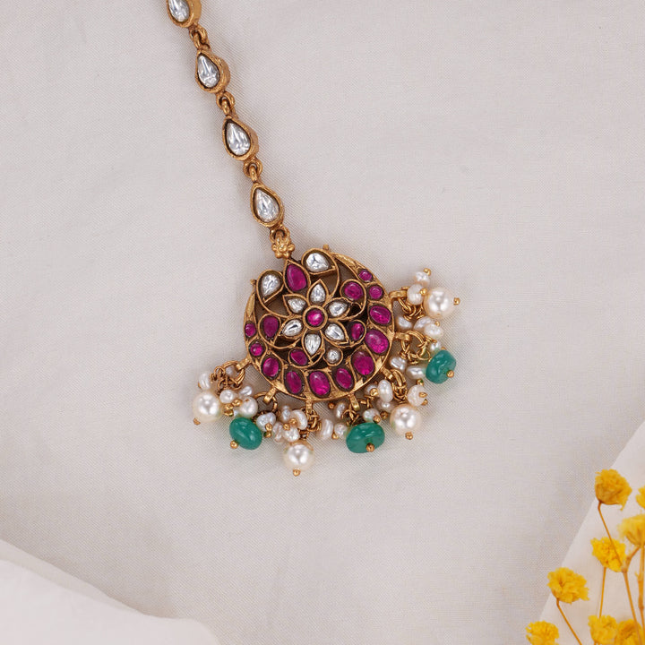 92.5 Silver, 24 kt Gold-Plated Lehara Kundan Maangtikka | SHOBITAM