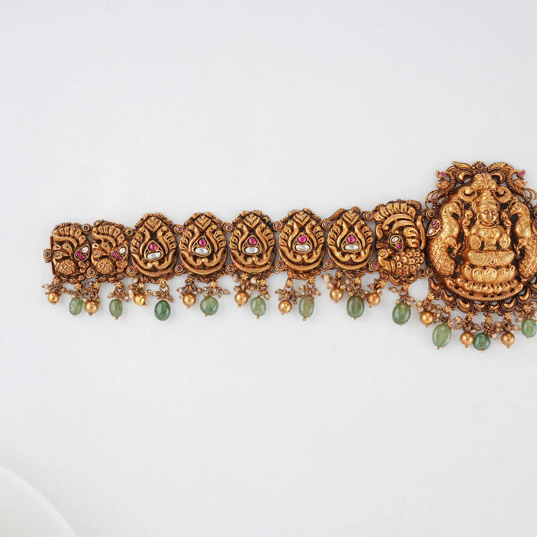 92.5 Silver Gold Plated Lakshmi Nagas Nakshi Oddiyanam with Gemstones and Beads