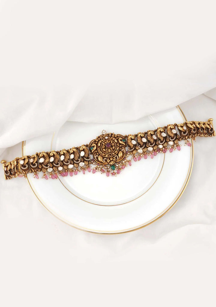 92.5 Silver Gold tone Peacock Units Hip Belt and Pink Dangling Beads and 92.5 Silver Gold tone Back Belt Design