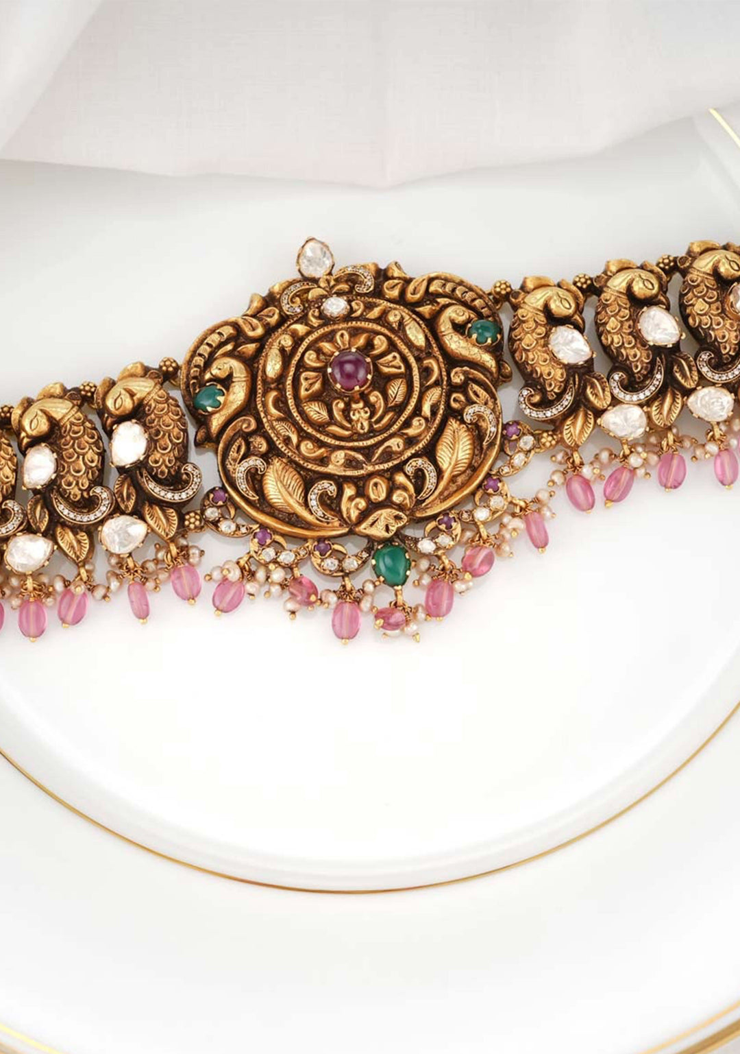 92.5 Silver Gold tone Peacock Units Hip Belt and Pink Dangling Beads and 92.5 Silver Gold tone Back Belt Design