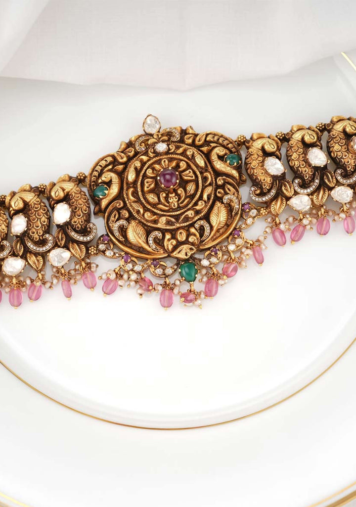 92.5 Silver Gold tone Peacock Units Hip Belt and Pink Dangling Beads and 92.5 Silver Gold tone Back Belt Design