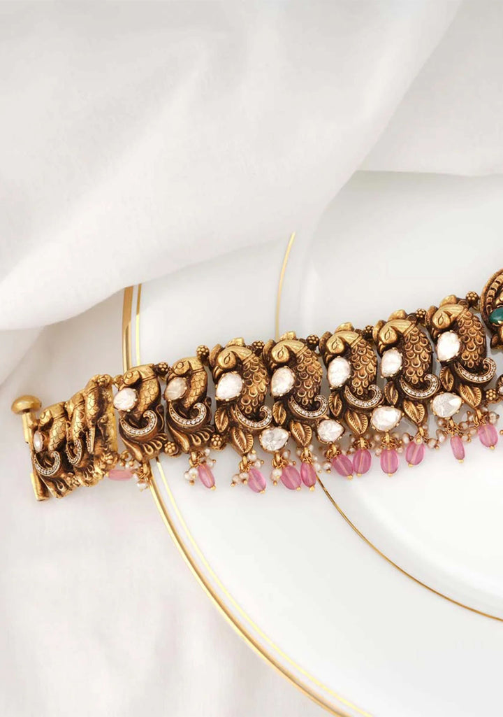 92.5 Silver Gold tone Peacock Units Hip Belt and Pink Dangling Beads and 92.5 Silver Gold tone Back Belt Design