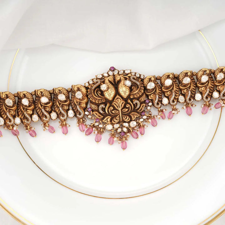 92.5 Silver Gold tone Moissanite Stone with Peacock Units Hip Belt and Pink Dangling Beads 92.5 Silver Gold tone Back Belt Design