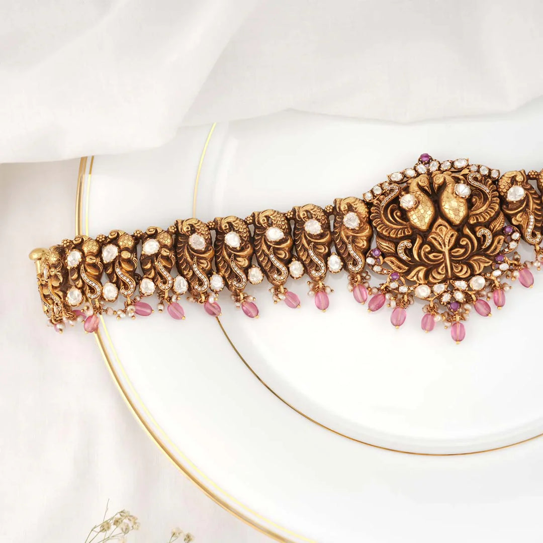 92.5 Silver Gold tone Moissanite Stone with Peacock Units Hip Belt and Pink Dangling Beads 92.5 Silver Gold tone Back Belt Design