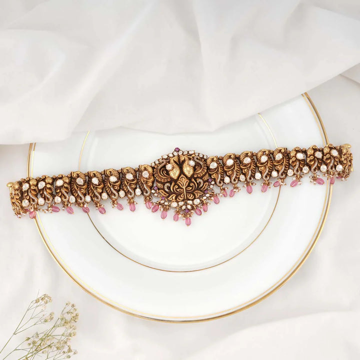 92.5 Silver Gold tone Moissanite Stone with Peacock Units Hip Belt and Pink Dangling Beads 92.5 Silver Gold tone Back Belt Design