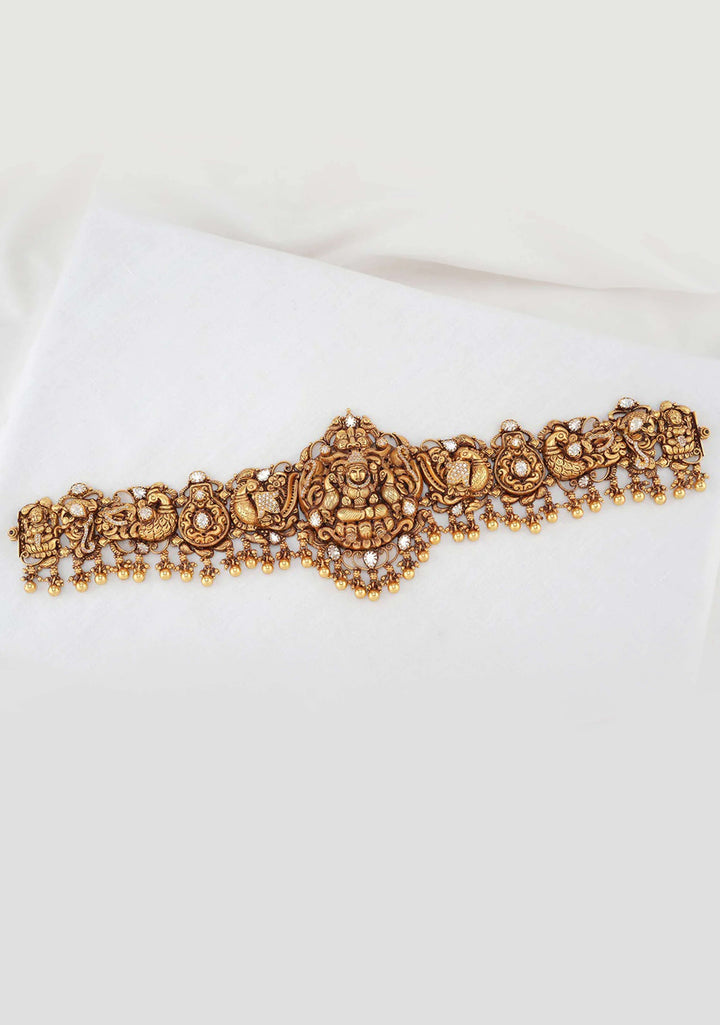 92.5 Silver Gold tone Nagas Lakshmi Kundan Hip Belt with Dangling Beads