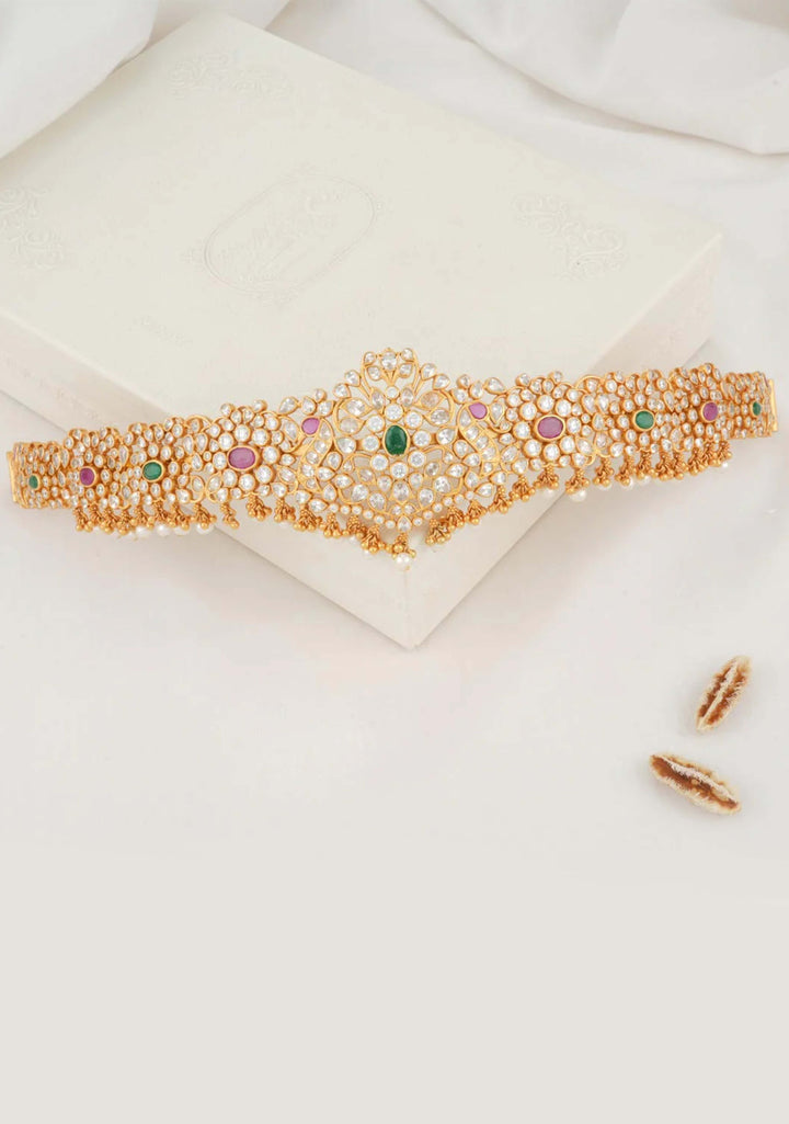 92.5 Silver Gold Plated White Stone Twin Peacock with Floral Vines and dangling beads