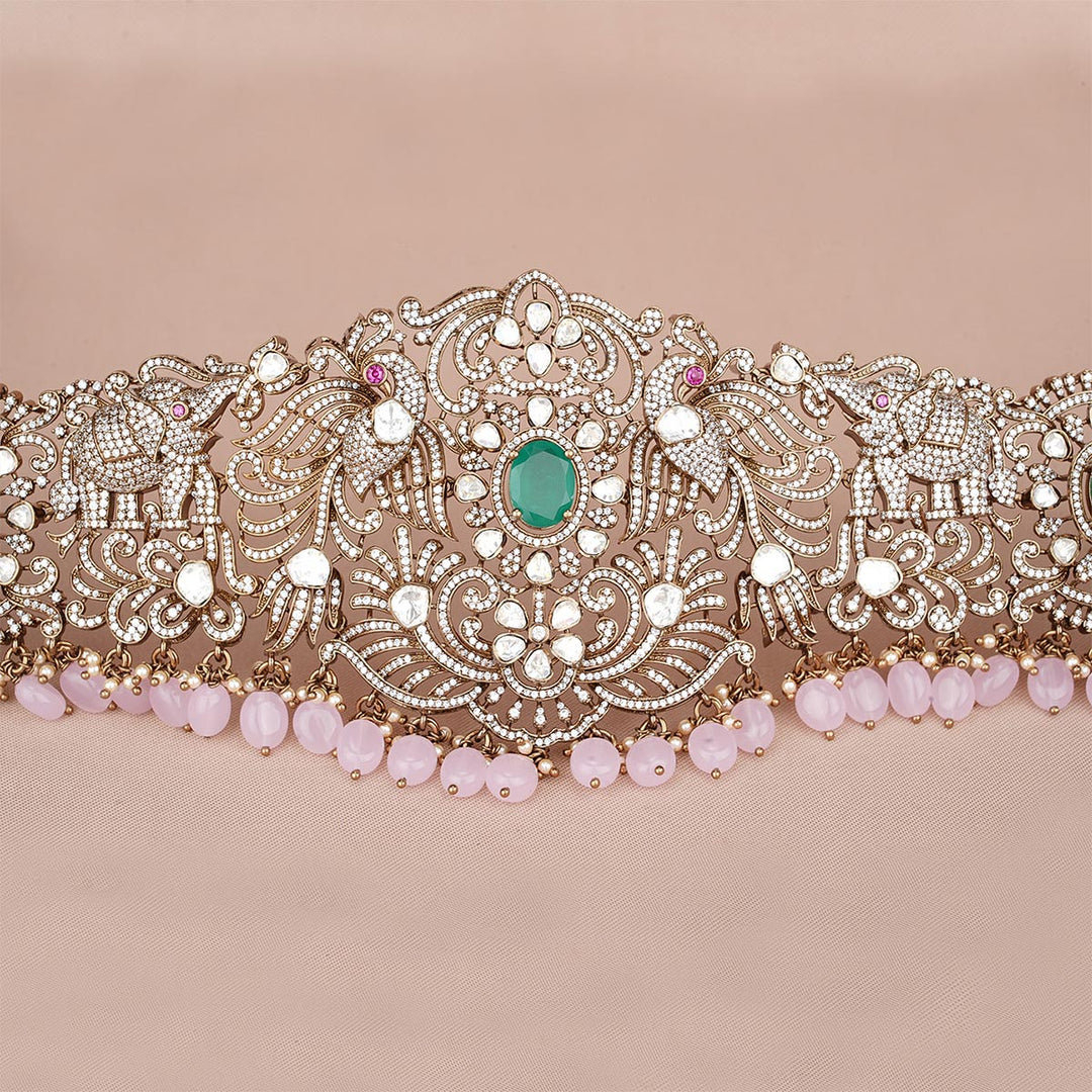 92.5 Silver Kashtha Victorian Oddiyanam with Gemstone and Dangling Beads