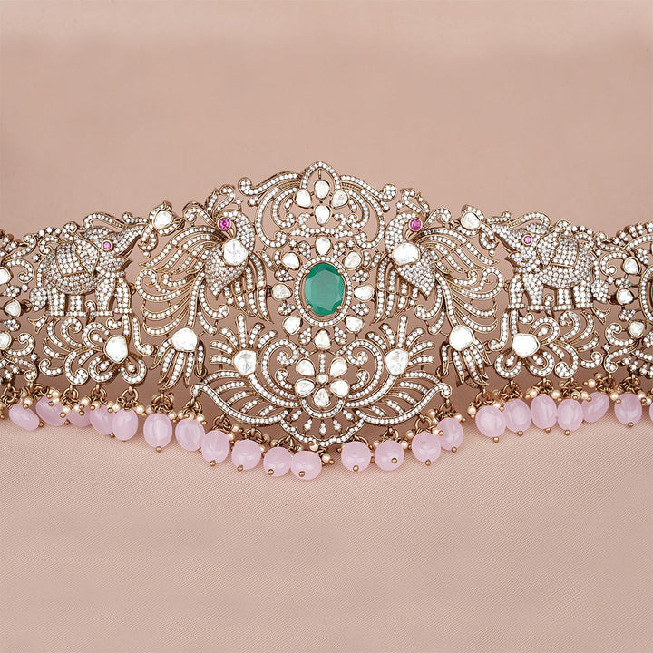 92.5 Silver Kashtha Victorian Oddiyanam with Gemstone and Dangling Beads