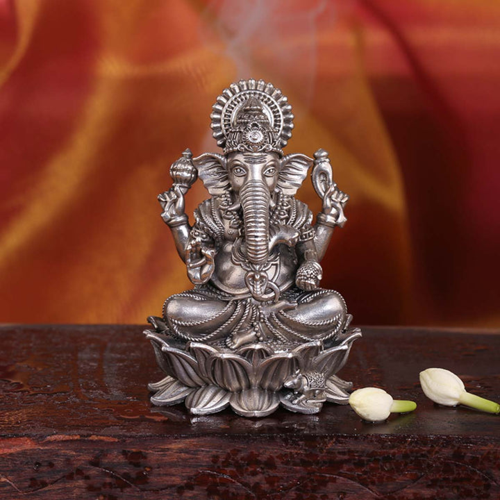Pure 92.5 Silver  Ganesha On Lotus 3D Idol | SHOBITAM