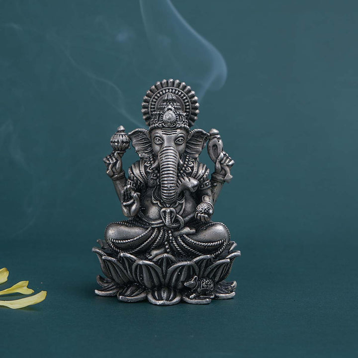 Pure 92.5 Silver  Ganesha On Lotus 3D Idol | SHOBITAM