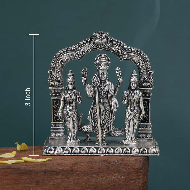 3" 92.5 silver antique finish Divine Murugan Valli Deivanai 3D Solid Idol