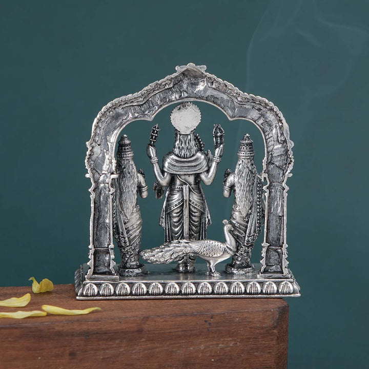 3" 92.5 silver antique finish Divine Murugan Valli Deivanai 3D Solid Idol