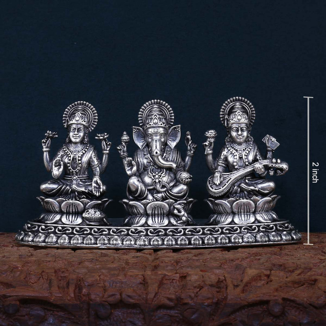 Pure 92.5 Silver Sowbhagya 2" height Lakshmi Ganesh Saraswati 2D Idol