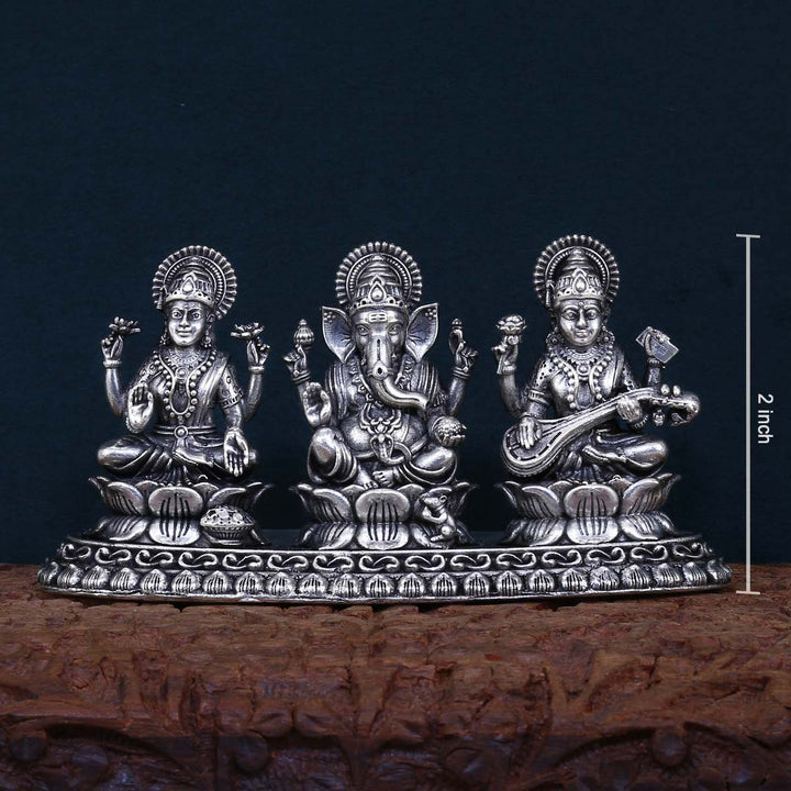 Pure 92.5 Silver Sowbhagya 2" height Lakshmi Ganesh Saraswati 2D Idol