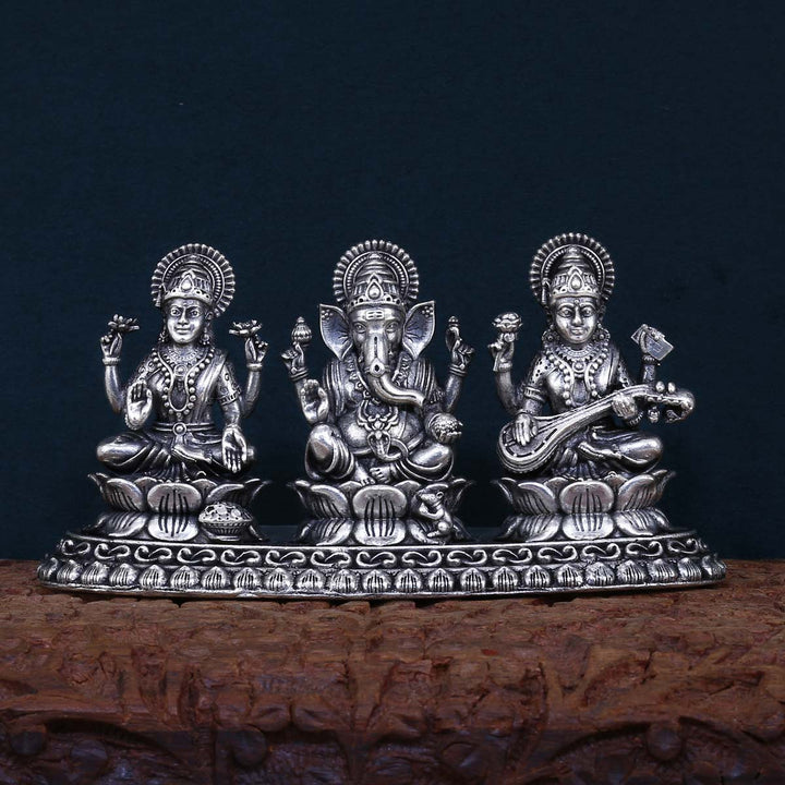 Pure 92.5 Silver Sowbhagya 2" height Lakshmi Ganesh Saraswati 2D Idol