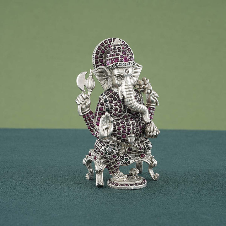 Pure 92.5 silver antique finish Ganesha stone studded idol 3"
