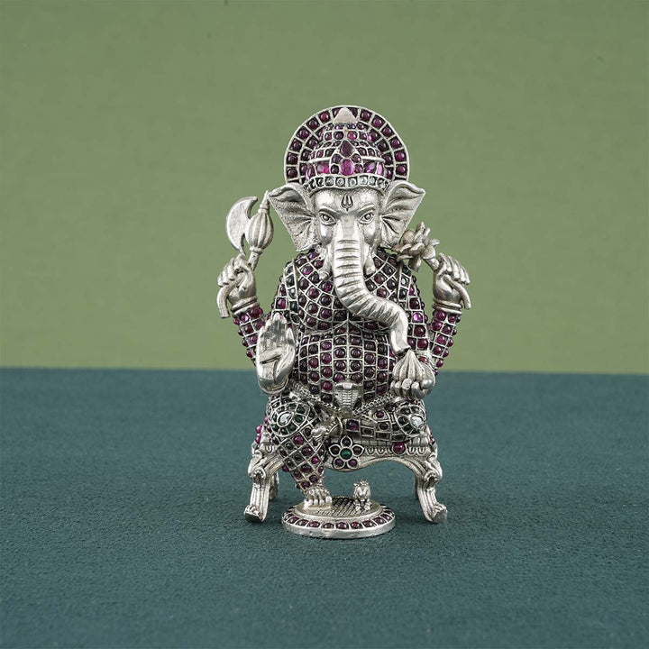 Pure 92.5 silver antique finish Ganesha stone studded idol 3"