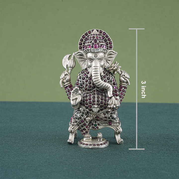 Pure 92.5 silver antique finish Ganesha stone studded idol 3"