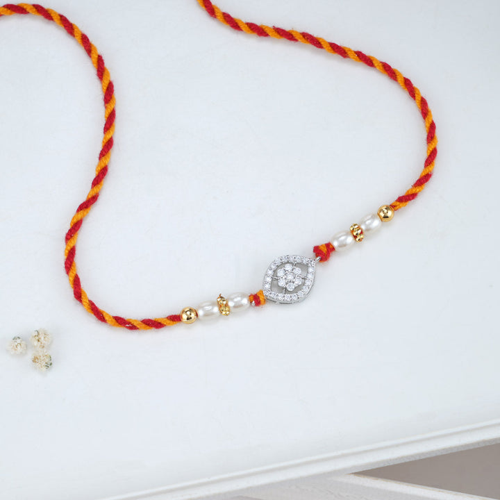 92.5 Silver CZ Stone -Studded Flower Charm Rakhi