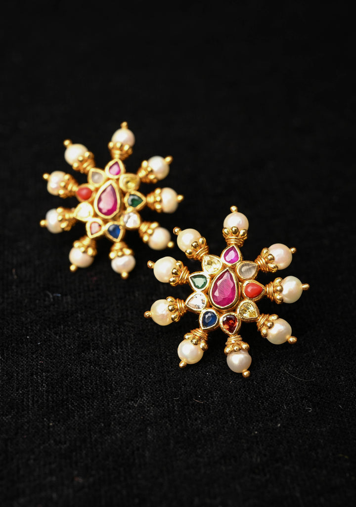 92.5 Pure Silver, 24 kt Gold-Plated  Navaratna Stone Studs