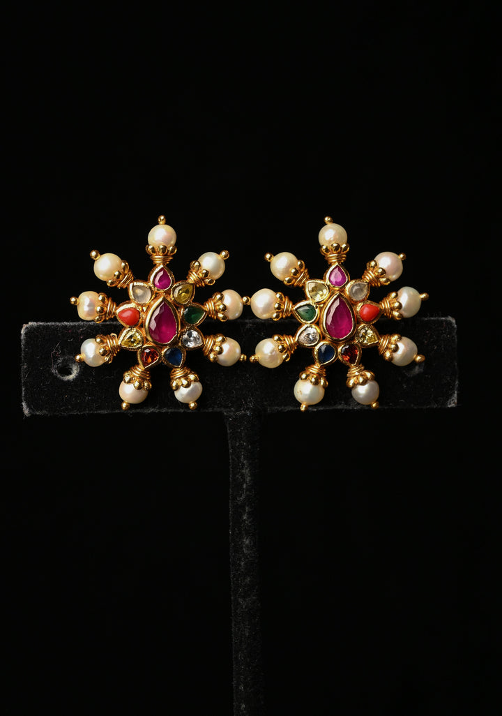 92.5 Pure Silver, 24 kt Gold-Plated  Navaratna Stone Studs