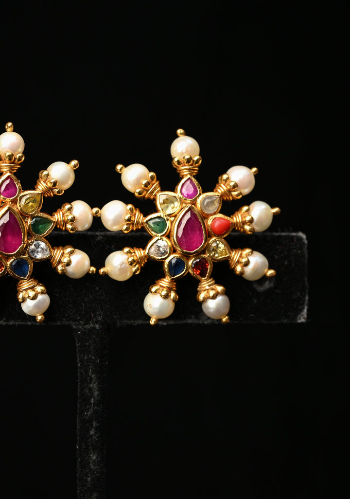 92.5 Pure Silver, 24 kt Gold-Plated  Navaratna Stone Studs