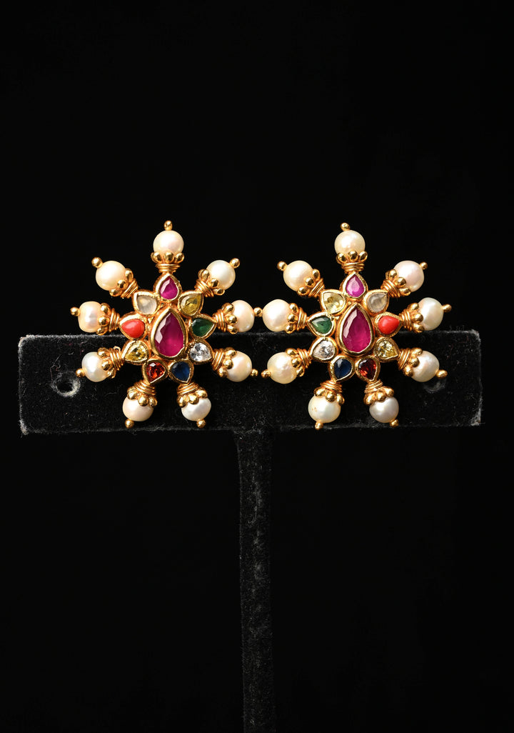 92.5 Pure Silver, 24 kt Gold-Plated  Navaratna Stone Studs