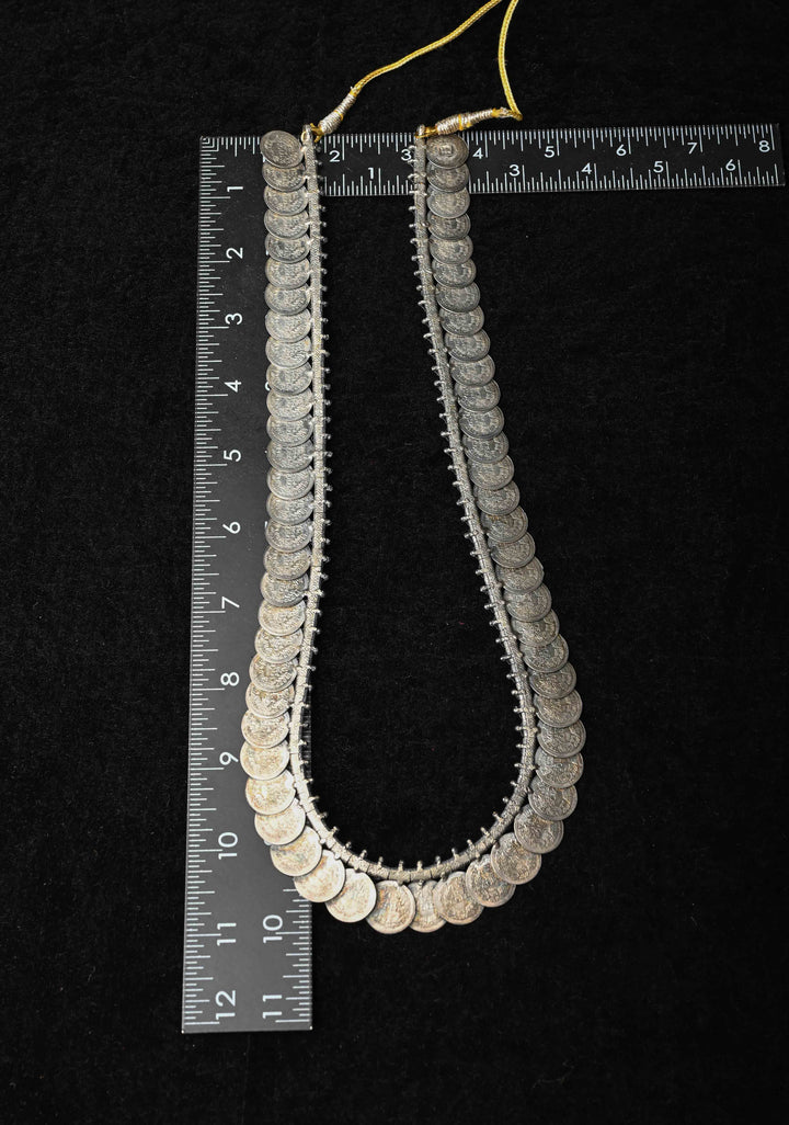 92.5 Pure Silver, Lakshmi Coin Oxidised Long Necklace Set, Kaasu Mala