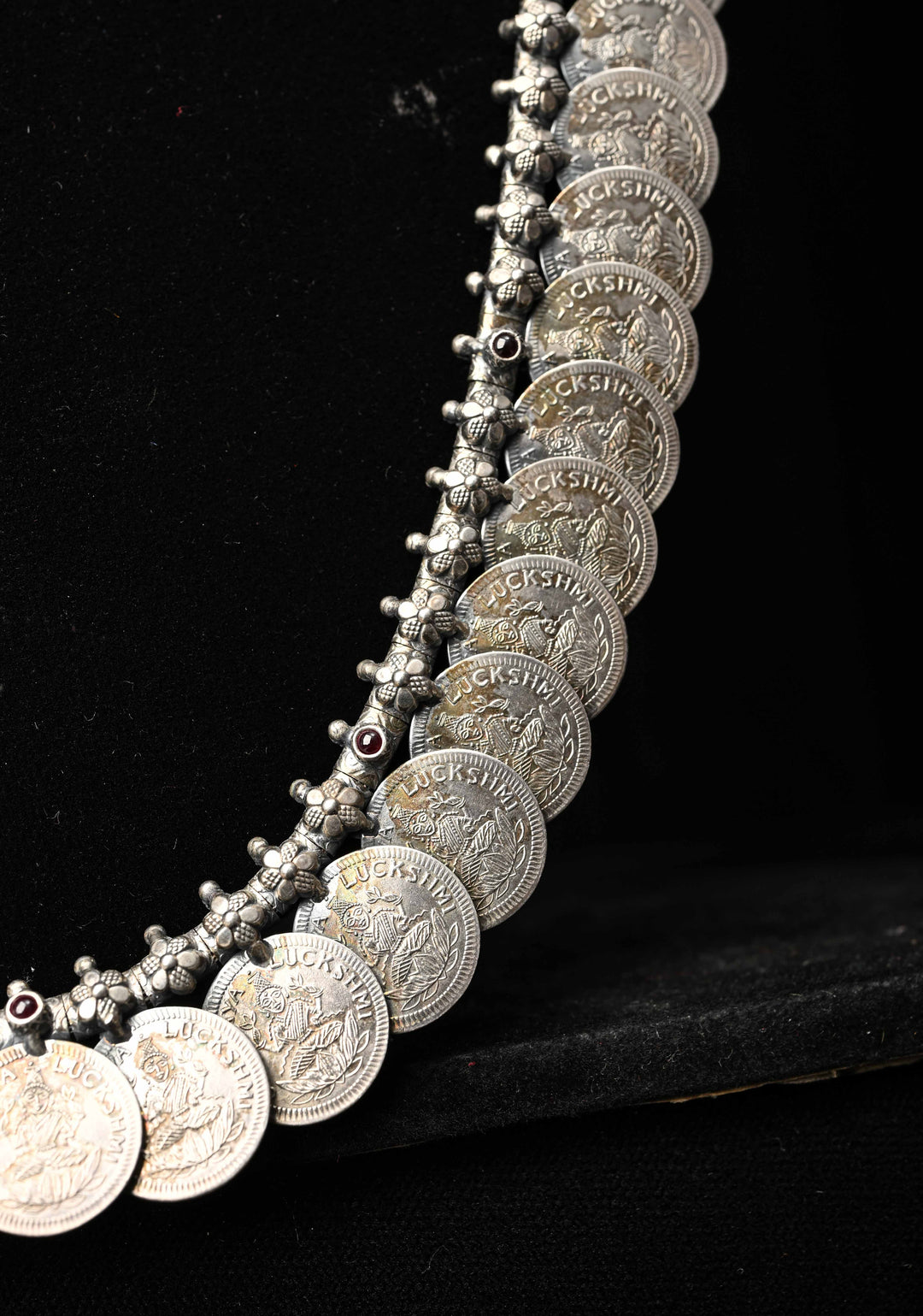 92.5 Pure Silver, Lakshmi Coin Oxidised Long Necklace Set, Kaasu Mala