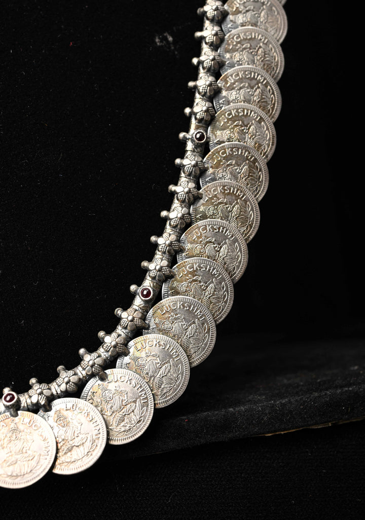 92.5 Pure Silver, Lakshmi Coin Oxidised Long Necklace Set, Kaasu Mala