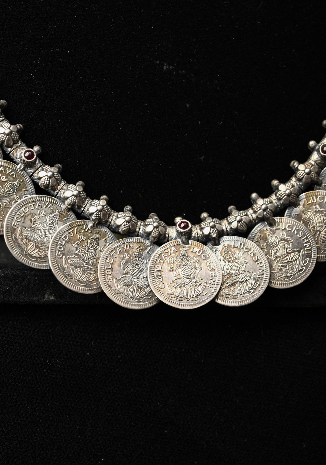 92.5 Pure Silver, Lakshmi Coin Oxidised Long Necklace Set, Kaasu Mala
