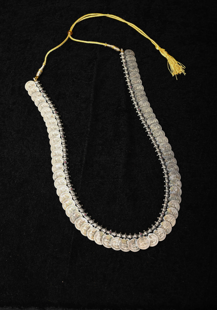 92.5 Pure Silver, Lakshmi Coin Oxidised Long Necklace Set, Kaasu Mala