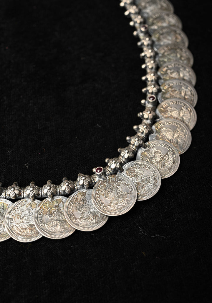 92.5 Pure Silver, Lakshmi Coin Oxidised Long Necklace Set, Kaasu Mala