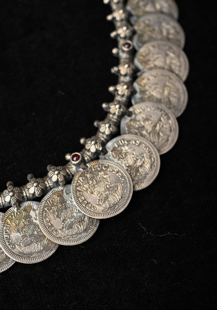 92.5 Pure Silver, Lakshmi Coin Oxidised Long Necklace Set, Kaasu Mala