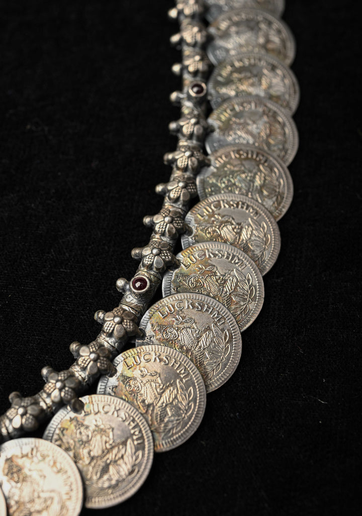 92.5 Pure Silver, Lakshmi Coin Oxidised Long Necklace Set, Kaasu Mala