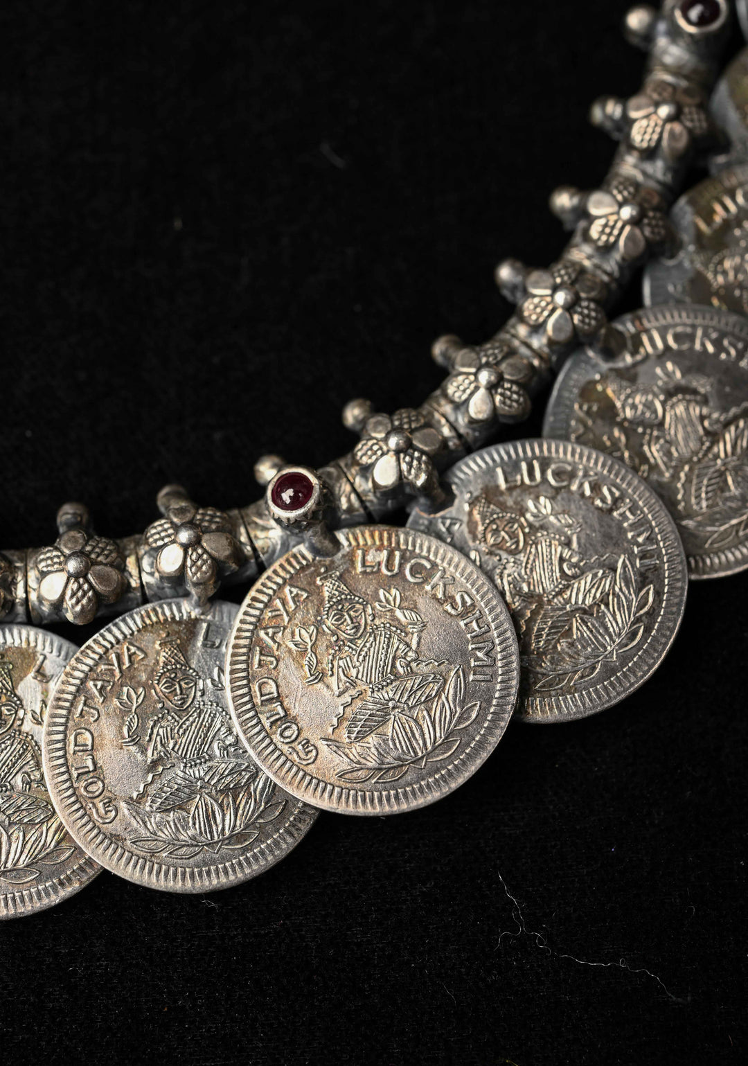 92.5 Pure Silver, Lakshmi Coin Oxidised Long Necklace Set, Kaasu Mala