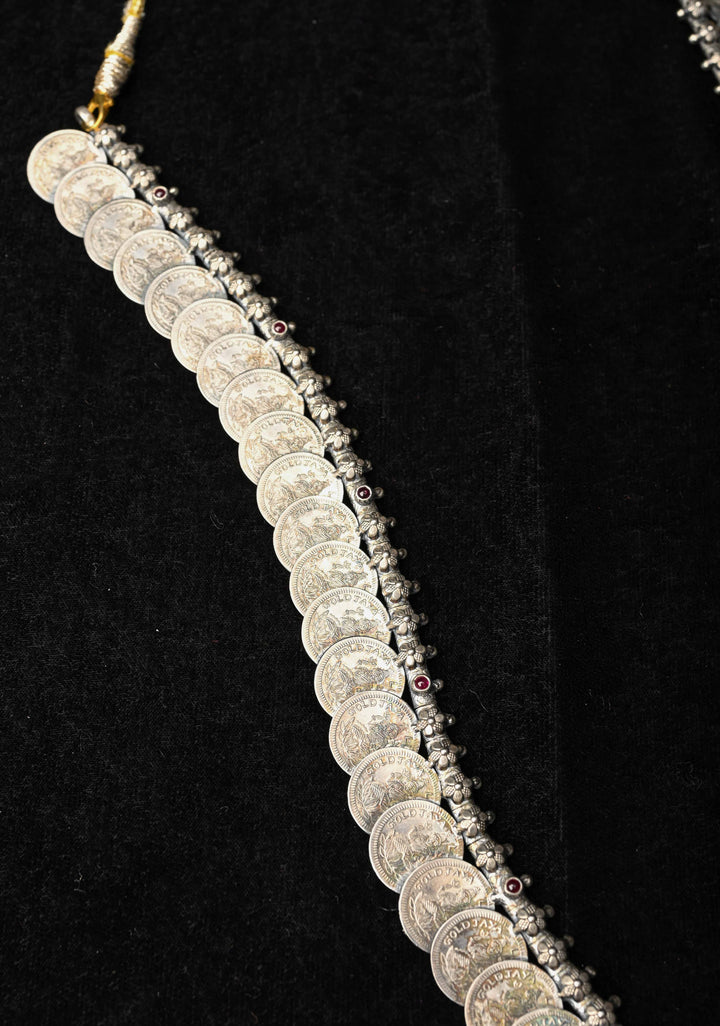92.5 Pure Silver, Lakshmi Coin Oxidised Long Necklace Set, Kaasu Mala