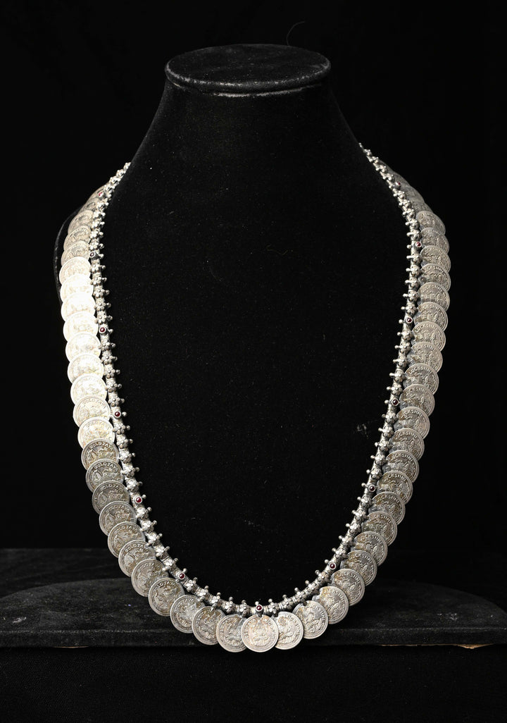92.5 Pure Silver, Lakshmi Coin Oxidised Long Necklace Set, Kaasu Mala