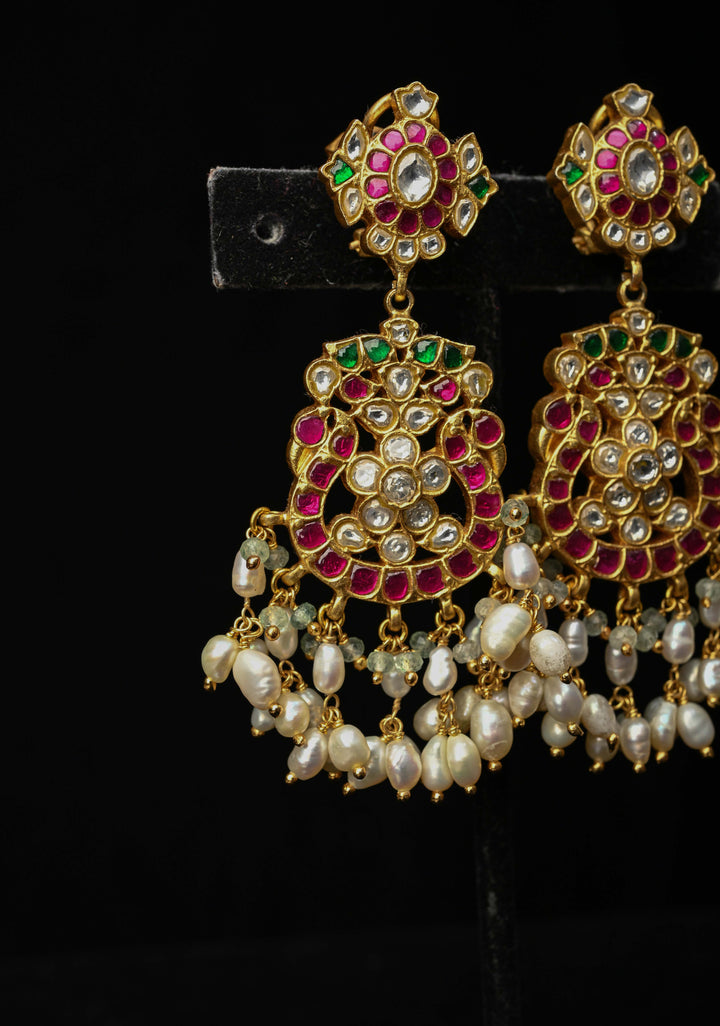92.5 Pure Silver, 24 kt Gold-Plated Charvi Kundan Long Earrings