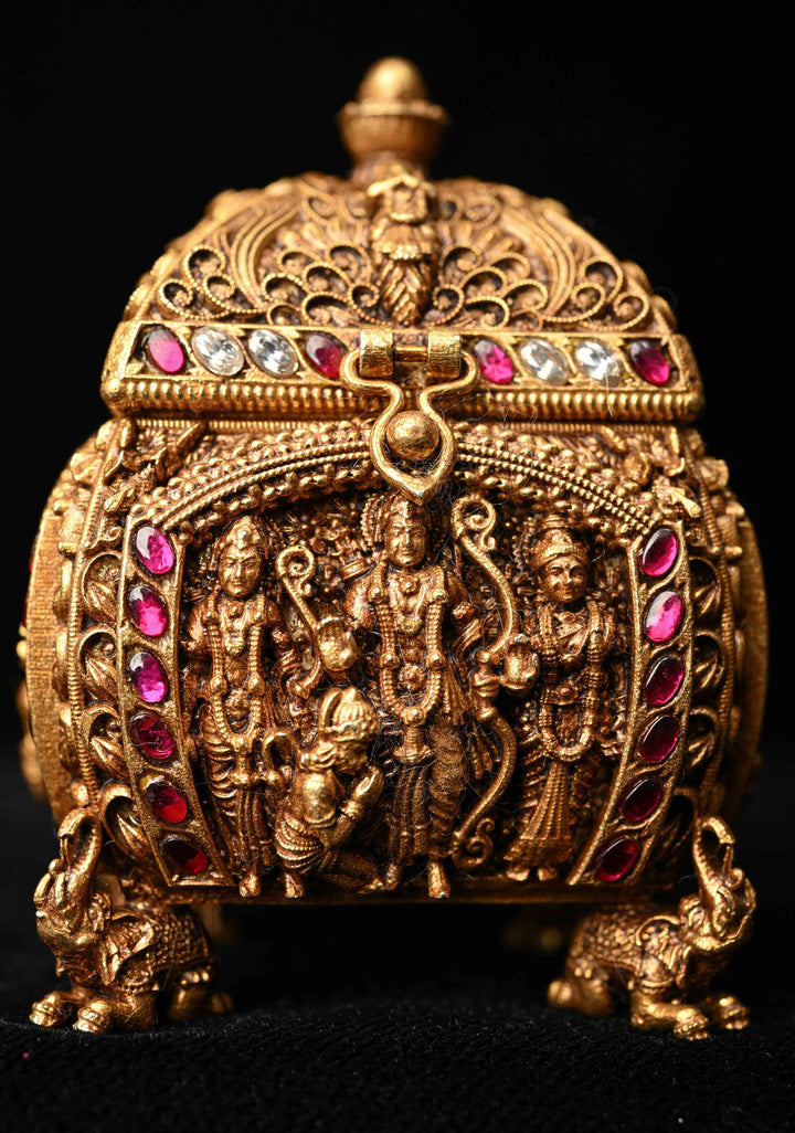 92.5 Pure Silver, 24 kt Gold Plated Luxurious Ram Darbar Carving Kum Kum Box