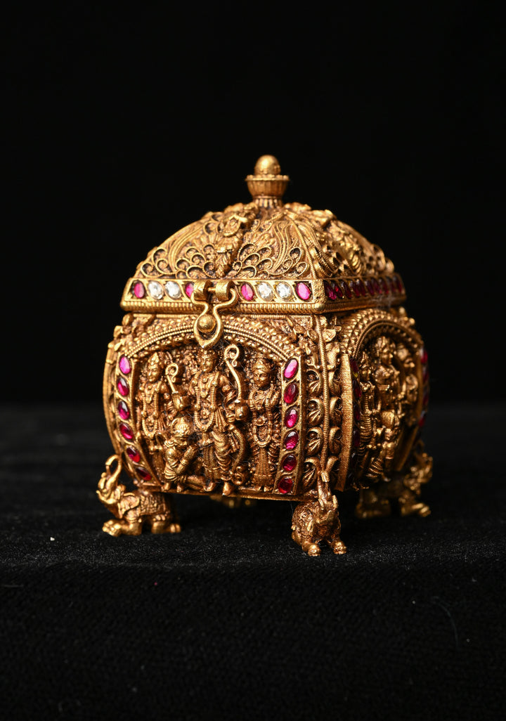 92.5 Pure Silver, 24 kt Gold Plated Luxurious Ram Darbar Carving Kum Kum Box