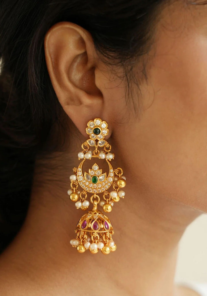 925 Silver 2.7" Chandbali Jhumka  Earrings with encrusted stones and dangling beads