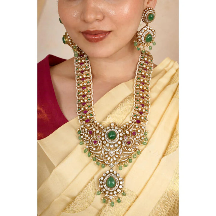 92.5 Silver Victorian Statement Necklace Set with Gemstone Details and Dangling Beads