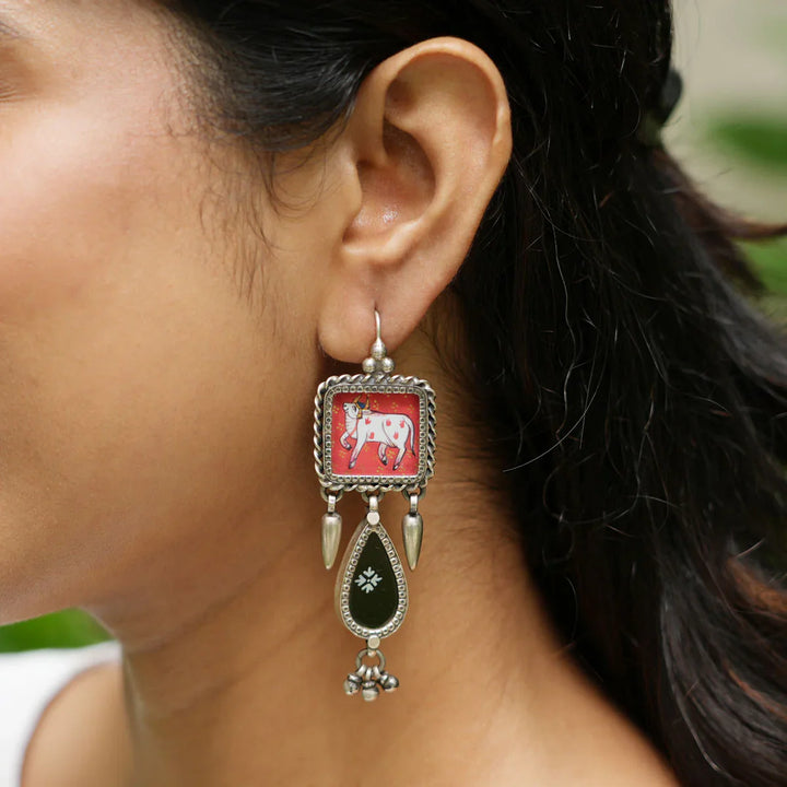 92.5 Silver, Pichwai Theme Handpainted Oxidized Finish  Hook Earrings