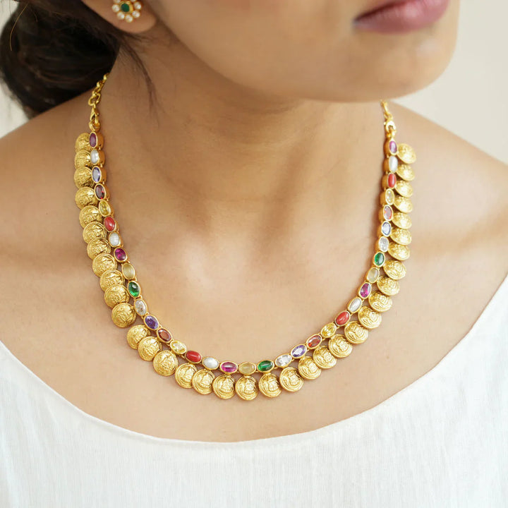 92.5 Silver, 24 kt Gold-Plated Navarathna Necklace