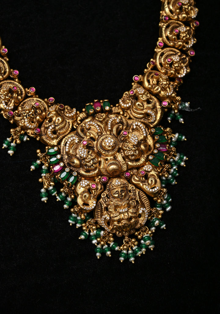 92.5 Silver 24 kt Gold-Plated Lakshmi Antique Gold Nagas Haram